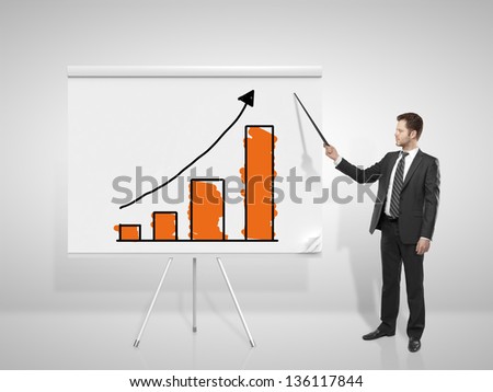 businessman pointing at business chart on flip chart