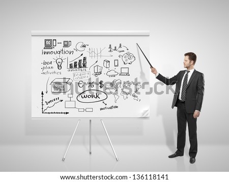 businessman pointing at business concept on flip chart