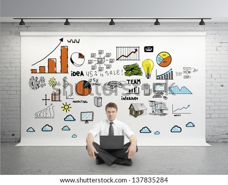 businessman sitting in lotus with laptop and business strategy on poster