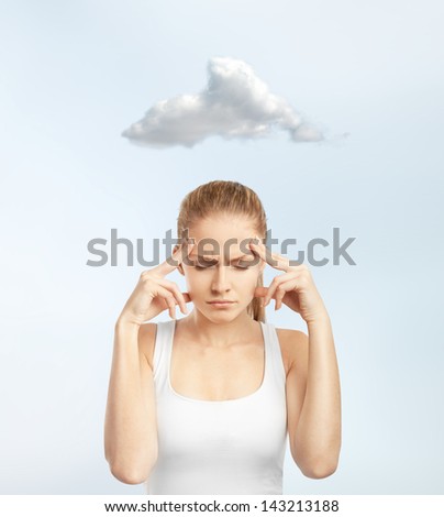 lady thinking and cloud over head