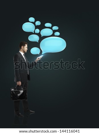 businessman standing with phone and bubble talk