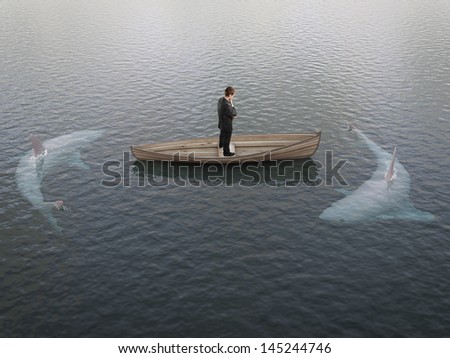businessman thinking  boat with sharks around him