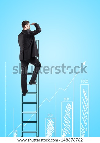 man climbing on ladder and looking on busines chart