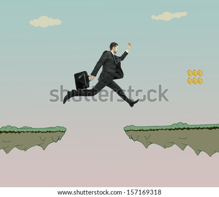 businessman with briefcase jumping at drawing rock