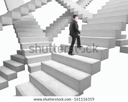 businessman in suit climbing stairs in bad weather