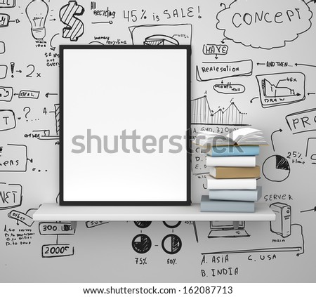 shelf with frame and book, business concept