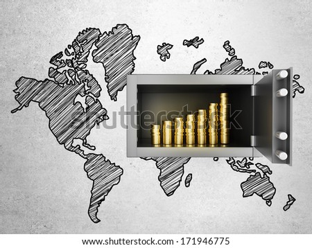 safe in concrete wall with growth money chart and world map