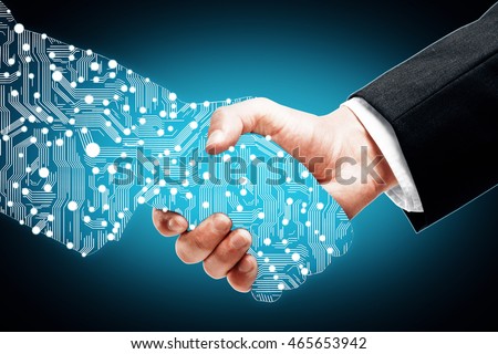 Businessman shaking digital partners hand on blue background