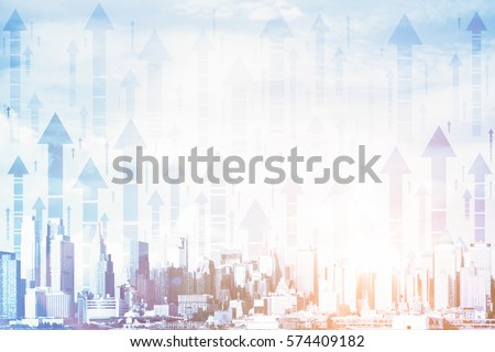 Creative city with upward arrows and daylight. Double exposure. Financial growth concept