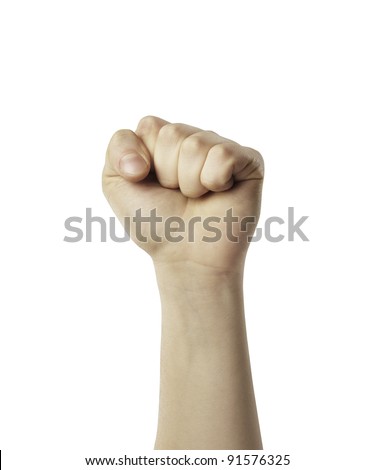 Male hand in fist isolated on white background. Clenched fist hand closeup. Victory, revolt concept.