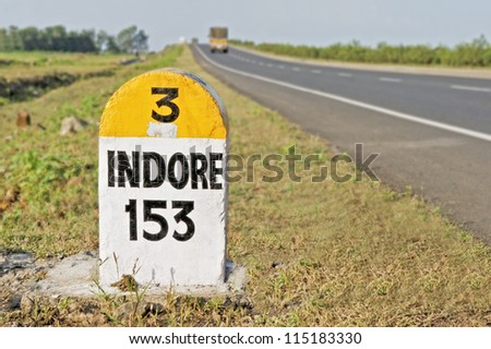 Horizontal capture of 153 kilometers to Indore Milestone on the National Highway 3 from Bombay to Indore, the Agra Road, India