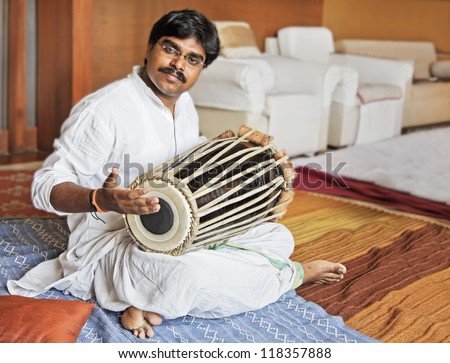 Hanumant Ghadge Tabla player from Maharashtra India during an accompaniment at private party in Bombay during April 2012
