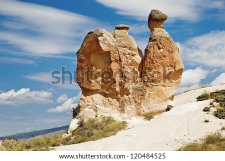 Landscape of natural rock formation through wind weathering and evolution. Natures gift, a camel or a snail. The location of this image was Cappadocia, Turkey