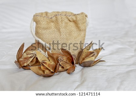 A display of cotton dehydrated flower with open petals showing cotton squares with a hessian gift holdall presentation bag on a ruffled linen backdrop. Generic image taken in a Bangalore studio, India
