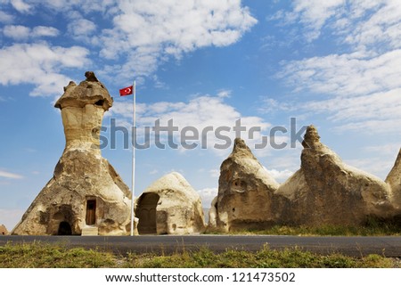 horizontal scenic landscape of a church and place of worship in Cappadocia Turkey limestone caves converted church dating to ancient era.Idyllic and an attraction frequented by tourists and travelers