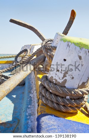 Vertical generic capture an anchor and rope at the bow of a passenger ferry serving the Indian mainland and island of Bet Dwarka showing the boat bow and anchor