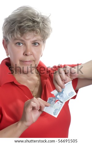 portrait on white - Happy woman with money