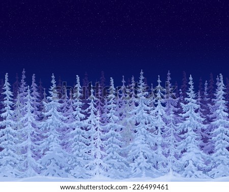 Winter fairy tale forest on the background of the starry sky. The background for greeting cards