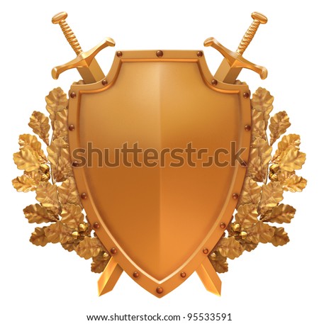 Gold shield with crossed swords on the background of oak branches