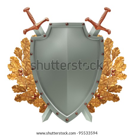 Shield with crossed swords on the background of golden oak wreath