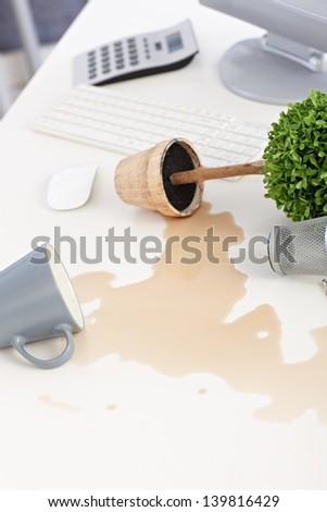 Closeup photo of mess on desk, overturned plant and mug, spilled out coffee.