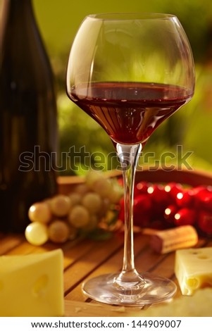 Outdoor still life photo of a glass of red wine and cheese on a wooden tray,