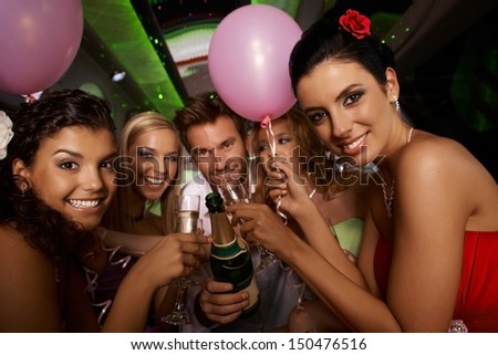 Bachelorette Party In Limousine With Attractive Young People, Having Fun.