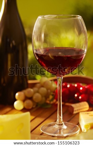 Outdoor still life photo of a glass of red wine and cheese on a wooden tray,