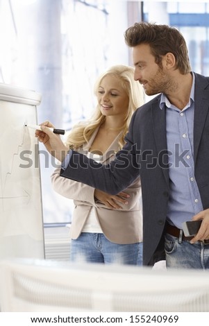 Young businessman drawing diagram on whiteboard, female colleague watching.