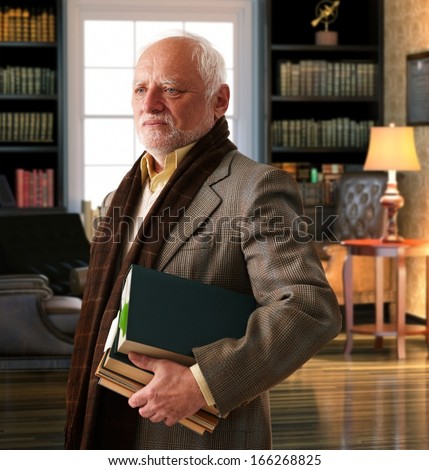 Elderly professor with books leaving library room.