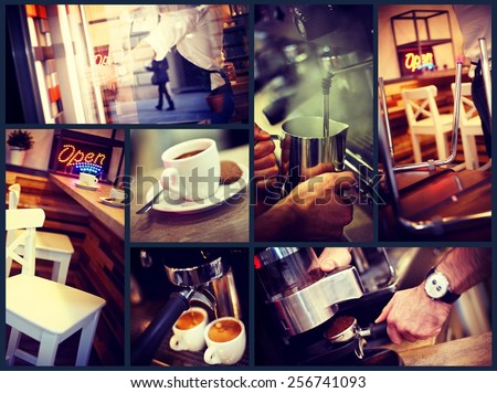 Image grid of atmospheric photos of a trendy urban cafe.