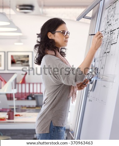Casual caucasian mid adult woman busy drawing plan at architect business office on drawing board. Pen in hand, wearing glasses, standing. Focused, concentration.