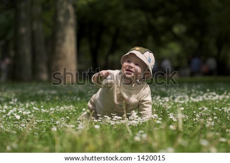 A baby is sitting on a flowery meadow, experiencing the surrounding nature by touching the flowers and harvesting the grass.