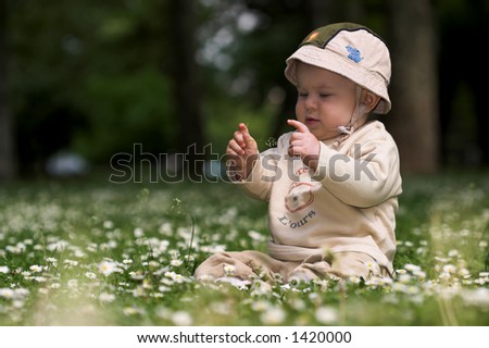A baby is sitting on a flowery meadow, experiencing the surrounding nature by touching the flowers and harvesting the grass.