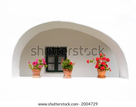 Countryside still life: flowers in the windows of an old homestead.
