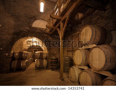 Wine barrels stacked in the old cellar of the vinery.