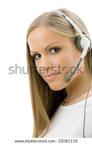 Young happy beautiful customer service operator girl in headset, smiling, isolated on white background.