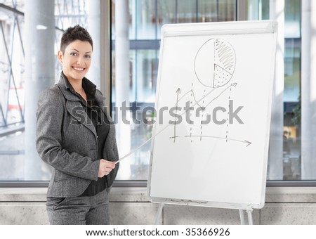 Happy young businesswoman doing business presentation on whiteboard at office training room.