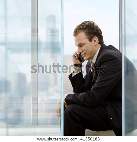 Profile portrait of businessman talking on mobile phone in front of office windows, smiling.