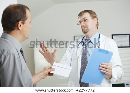 Medical office - patient bribing doctor, giving money in envelope, doctor rejecting it.