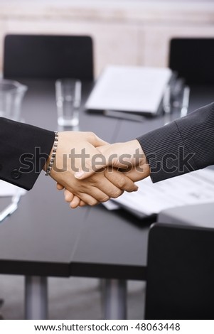 Closeup of hands. Businesswomen shaking hands over table, in office meeting room.
