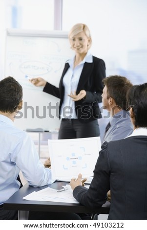 Business people sitting on presentation at office. Businesswoman drawing to white board. Focus on diagram in front.