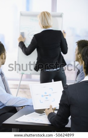 Business people sitting on presentation at office. Businesswoman drawing to white board. Focus on diagram in front.