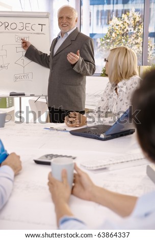Smiling experienced businessman training employees using whiteboard in office.?