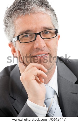 stock photo : Closeup portrait of businessman with grey hair, wearing grey suit and glasses