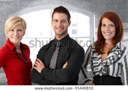 Official business team portrait, confident happy businesspeople smiling at camera.?