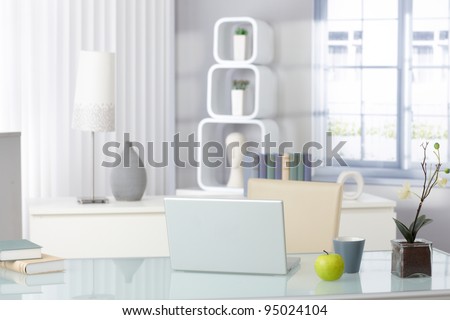 Stylish Bright Living Room With Laptop And Green Apple, Still-Life ...