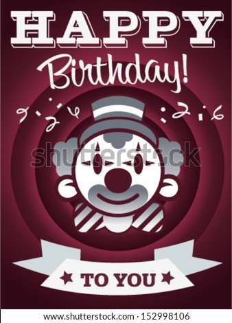 Birthday invitation card with confetti and clown.