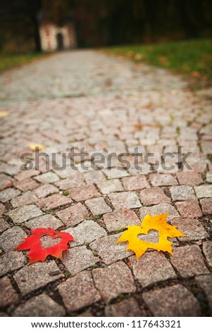Autumn red and yellow leaves with heart cutouts on cobblestone.