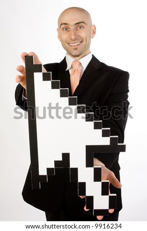 An executive holding a huge mouse pointer